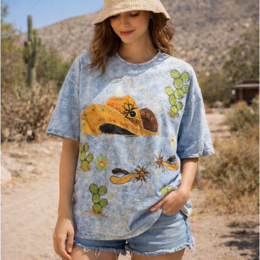 Beverly Hills Connection Top Vtg 80s Western Hat Spurs Cactus Painted Womens M